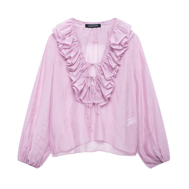 Women's Layered Detail V-Neck Blouse - Sweet & Stylish Polyester Top With 3D Embellishments_ecoleips.com