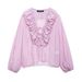 Women's Layered Detail V-Neck Blouse - Sweet & Stylish Polyester Top With 3D Embellishments_ecoleips.com