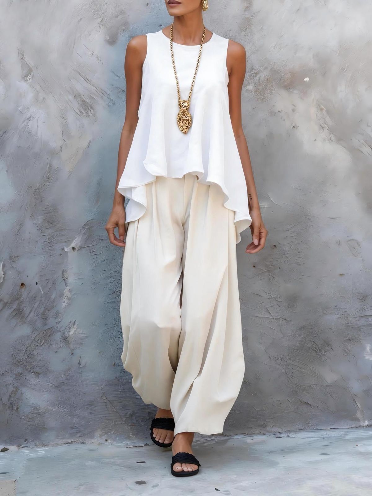 Women's Summer Casual Fashion Sleeveless Wide Leg Pants Set New European And American Style Two Piece Set Trendy Cross Border Style_ecoleips.com
