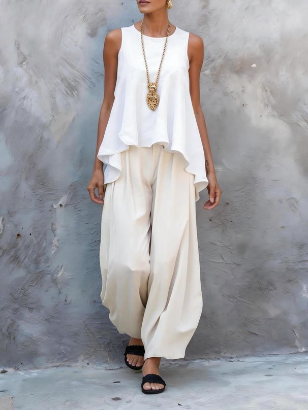 Women's Summer Casual Fashion Sleeveless Wide Leg Pants Set New European And American Style Two Piece Set Trendy Cross Border Style_ecoleips.com