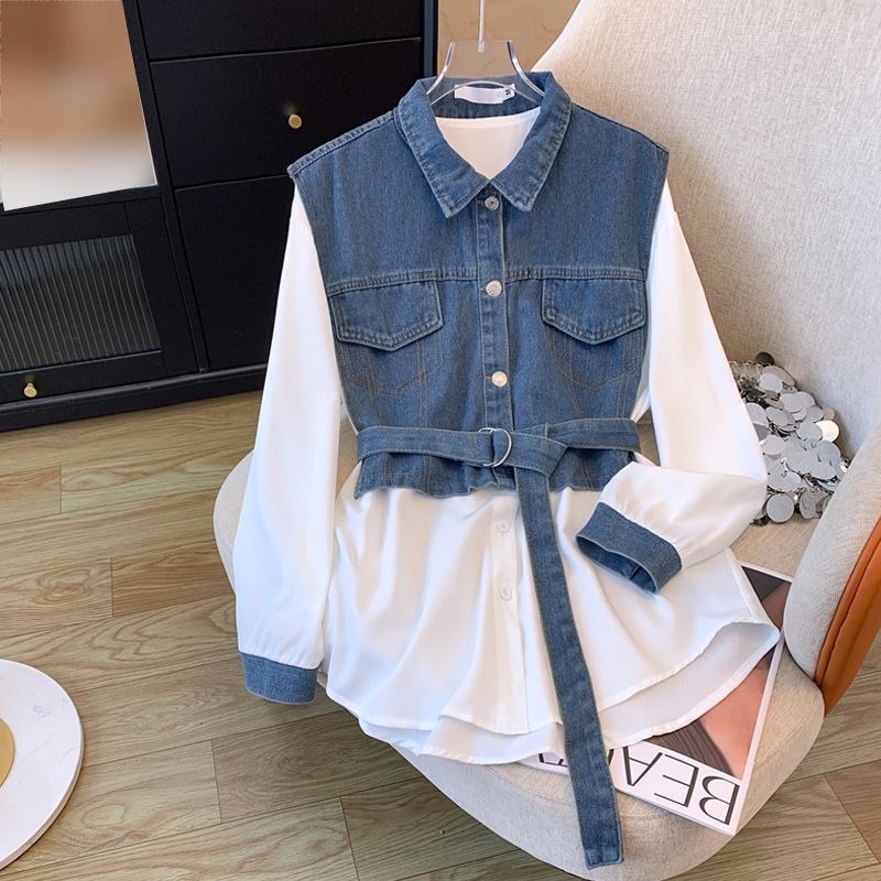 Women's Clothing Spring New Style Splicing Denim Vest Medium Length Waist Slimming Fashion Shirt Women's Trend_ecoleips.com