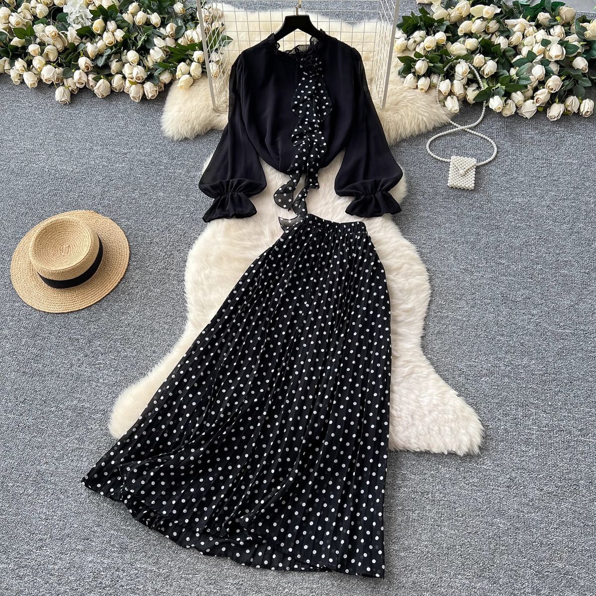 Women's Clothing In Summer Light Mature Style Three Dimensional Flower Long Sleeved Chiffon Top High Waist Polka Dot Skirt_ecoleips.com