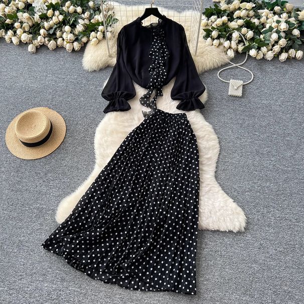 Women's Clothing In Summer Light Mature Style Three Dimensional Flower Long Sleeved Chiffon Top High Waist Polka Dot Skirt_ecoleips.com