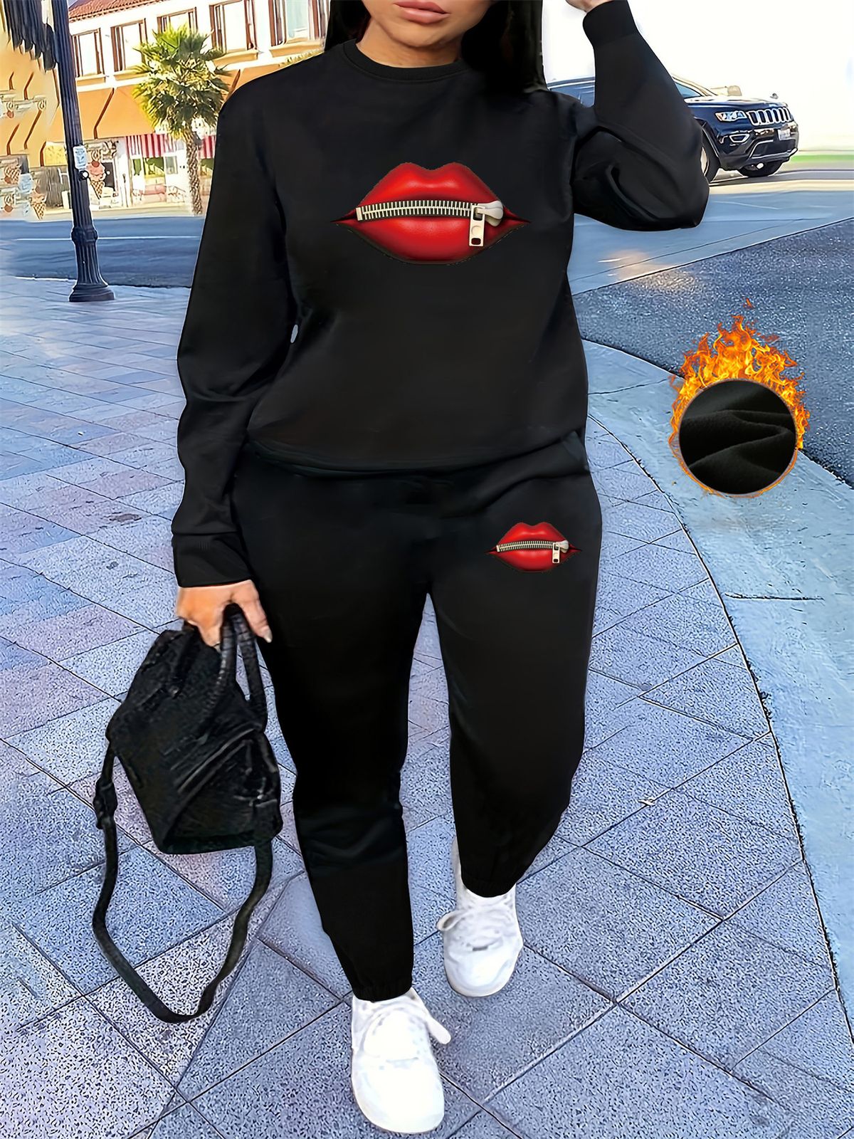 Women's Autumn And Winter Hip-hop Casual Street Lip Print And Zipper Pattern Print Round Neck Sweatshirt+sports Pants Set-602_ecoleips.com