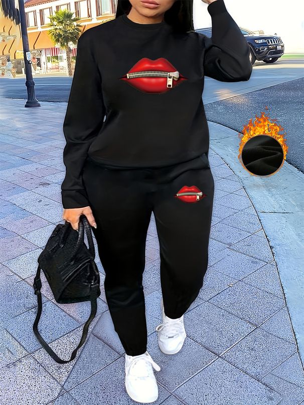 Women's Autumn And Winter Hip-hop Casual Street Lip Print And Zipper Pattern Print Round Neck Sweatshirt+sports Pants Set-587_ecoleips.com