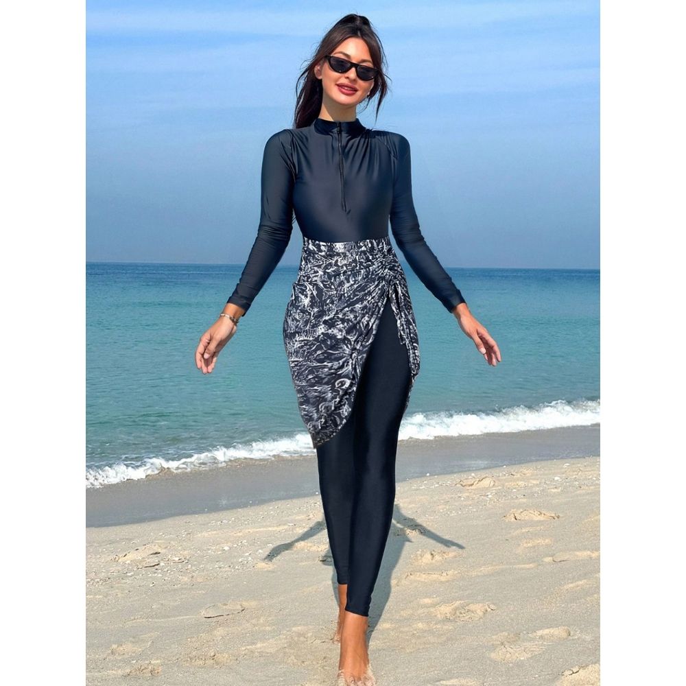 Women's Clothing Conservative Muslim Women's One-Piece Swimsuit Long Sleeve Tight Print Separate Long Pants Swimming Suit High Elasticity Polyester_ecoleips.com