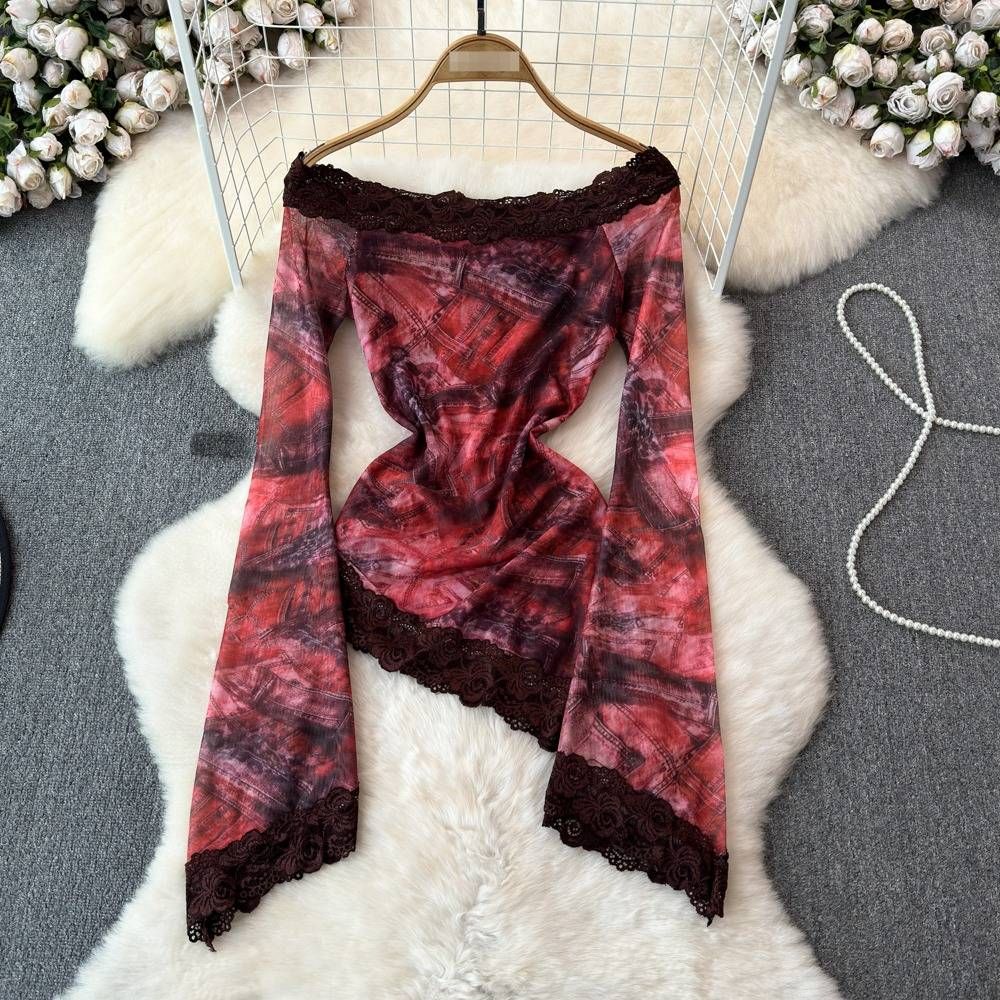 Elegant Women's Summer Tops Rose Print Lace Trim Mesh Overlays Stylish Collection_ecoleips.com