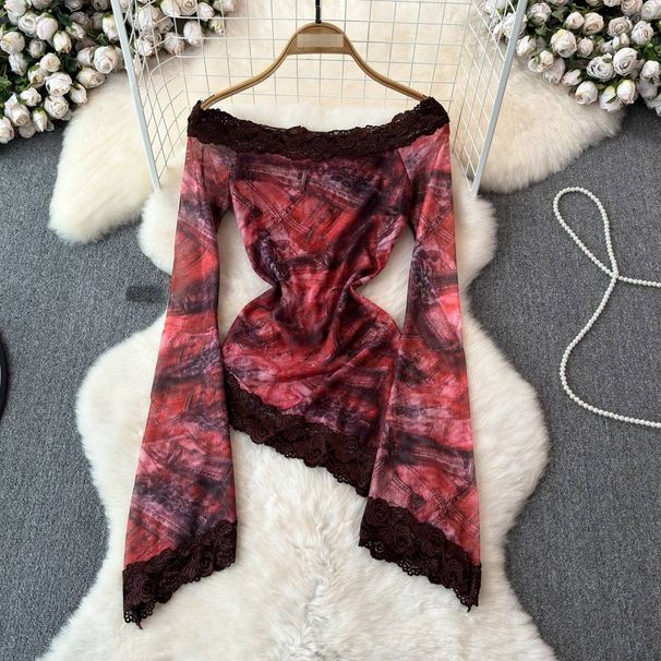 Elegant Women's Summer Tops Rose Print Lace Trim Mesh Overlays Stylish Collection_ecoleips.com