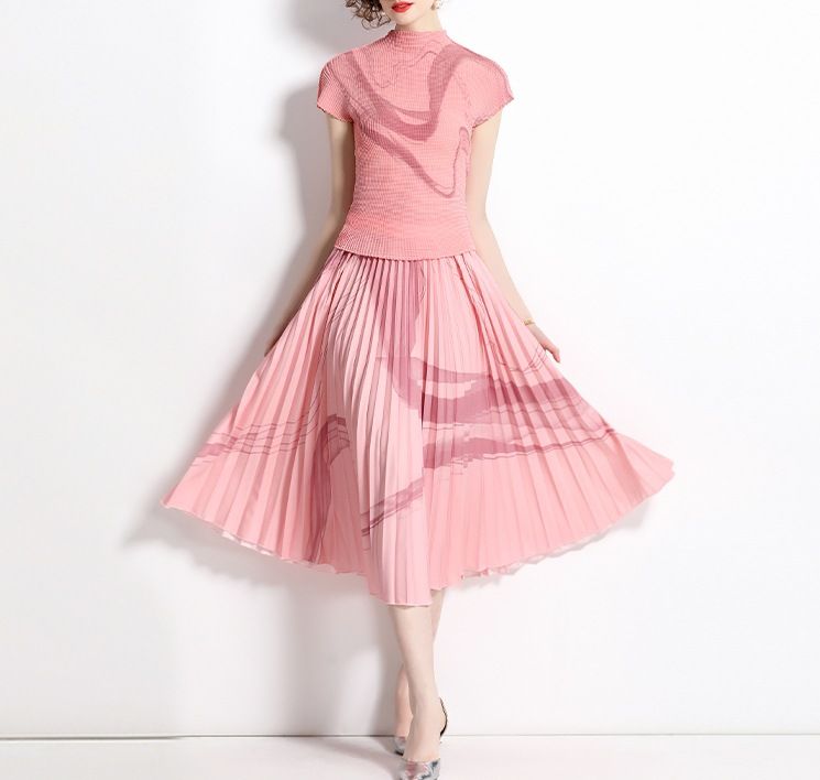 Women's Clothing Elegant Slim T Shirt Plant Flower Pleated Skirt Two Piece Design Niche Fashion Suit_ecoleips.com