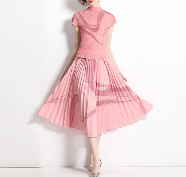 Women's Clothing Elegant Slim T Shirt Plant Flower Pleated Skirt Two Piece Design Niche Fashion Suit_ecoleips.com