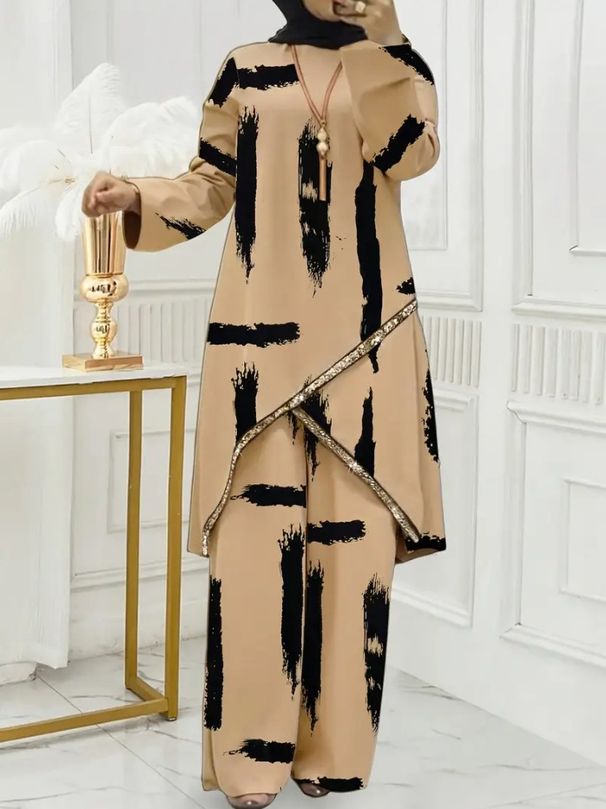 Muslim Dress Women Set Abstract Print Loungewear Set For Women – Loose Fit Batwing Sleeve Top & Pants (6 Colors, S-Xxl)_ecoleips.com