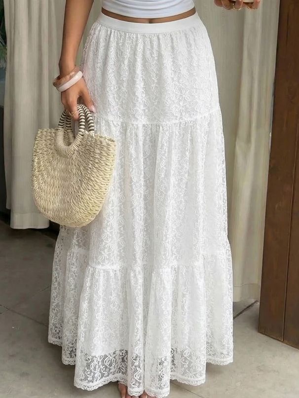 Holiday Style Women's Lace Cake Skirt, Thin And Elegant, Solid Color, High Waist And Long, Traveling_ecoleips.com