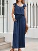 K Fashionable Pleated Square Neck Jumpsuit With Pockets, Solid Color Sleeveless Ruffle Sleeve Jumpsuit For Women_ecoleips.com