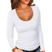 Women's Clothing Ribbed Crew Neck Long Sleeve T-Shirt Basic Solid Color Slim Fit Base Layer American Style_ecoleips.com