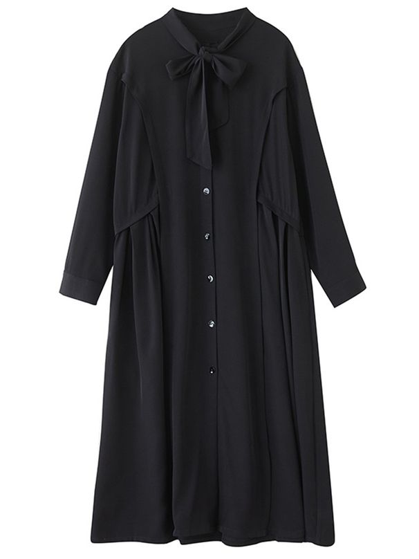 Black Vintage Lace-Up Shirt Dresses For Women Autumn New In Long Sleeve Loose Casual Long Dress Fashion Elegant Clothing 2025_ecoleips.com