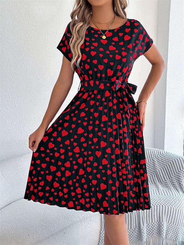 Elegant Heart Print Lace-up Dress Summer Women Round Neck Pleated Medium Long Dress_ecoleips.com