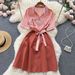 Elegant Temperament Striped Lapel Short Sleeve Dress Women Summer New Style Waist Temperament All Match A Line Skirt_ecoleips.com