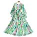 Women's Clothing Elegant Floral Print Chiffon V-Neck Maxi Dress With Lantern Sleeves & High Waist For Women - Summer Vacation & Office Wear (Green)_ecoleips.com