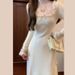 White Knit Dress – Elegant Long Sleeve Maxi Dress For Women, Lace Trim High Waist A-Line Dress, Fall Layering Staple (Beige, Sizes S-Xl)_ecoleips.com