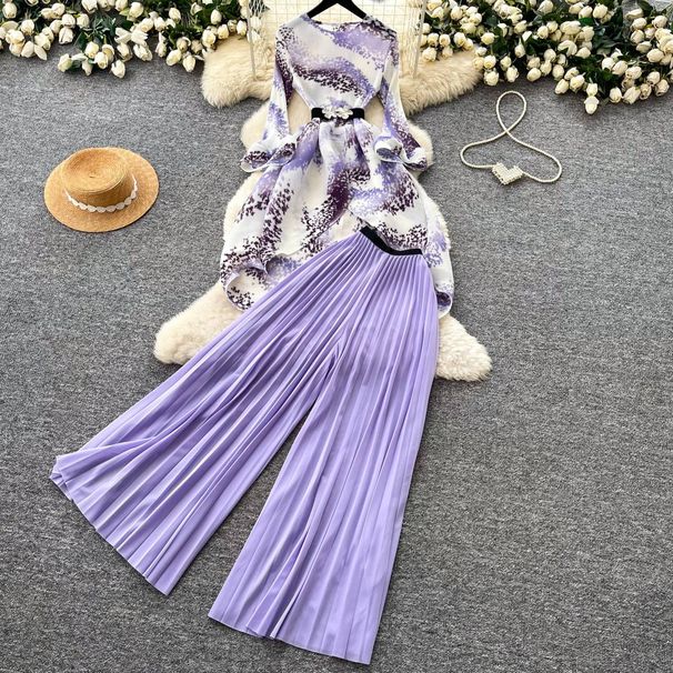 Women's Clothing Two Piece Set Three Quarter Sleeve Top And High Waisted Pleated Wide Leg Casual Pants Slimming Effect For Autumn_ecoleips.com