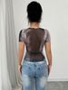 Women's Clothing Retro Women's Tie Dye Print Mesh T-Shirt Square Neck Short Base Layer Top For Formal & Casual For Women_ecoleips.com