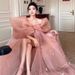 Blush Pink Off-Shoulder Chiffon Dress With Bow Accents, Ethereal Bridal Robe For Engagement Party & Birthday Celebration_ecoleips.com
