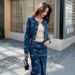 New Women's Clothing Bowknot Decoration Printed Long Sleeve Round Neck Coat Wide Leg Pants Fashion Denim Suit Only_ecoleips.com