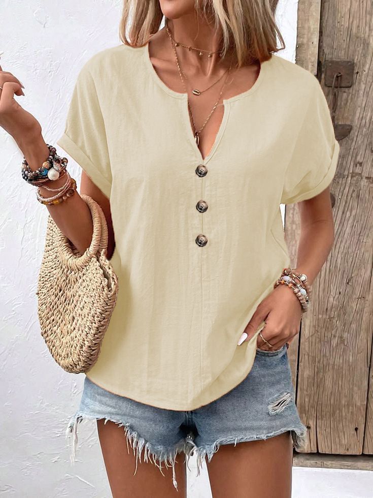 Summer Women's Button-Down V-Neck Short-Sleeved T-Shirt Top For Women_ecoleips.com