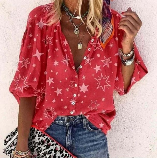 Women's Clothing Spring And Summer Star Printed Button Lapel Shirt _ecoleips.com