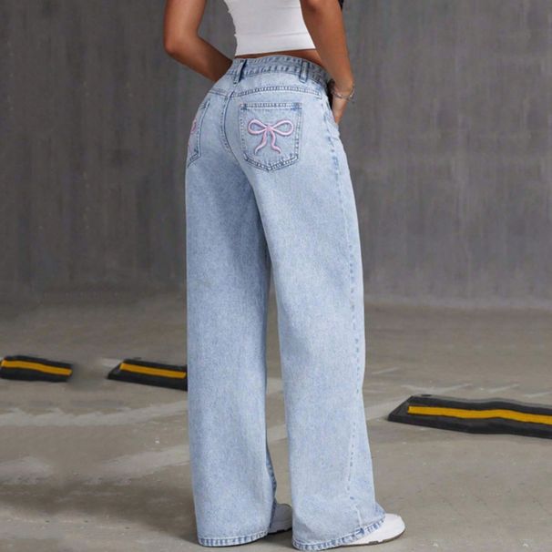 European And American Cross-border 2025 Summer New Loose Women's Washed Wide-leg Jeans With Bow Embroidery_ecoleips.com