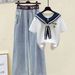 Women's Clothing New Niche Shawl Contrast Color Short Sleeved T Shirt Female Retro Elastic Waist Jeans_ecoleips.com