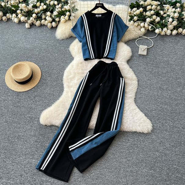 Casual Wear Women's Summer Fashion Contrast Color Striped Edge Short Sleeved Tops High Waist Denim Stitching Wide Leg Long_ecoleips.com