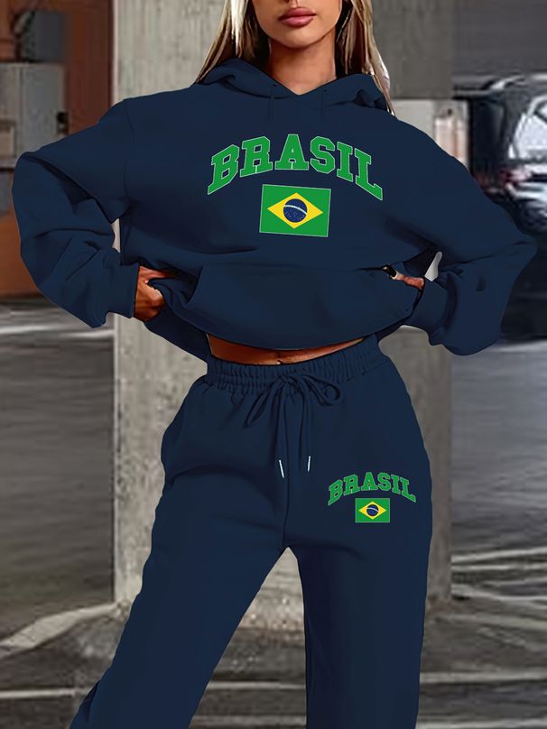 Women's Autumn/Winter Casual Fashion BRASIL Pattern Printed Thick Fleece Warm Hoodie+Sports Pants Set-710_ecoleips.com