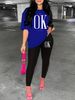 Women's Casual Loose Fashion OK Letter Pattern Print Loose T-shirt+shorts Two-piece Set Home Sportswear Daily Wear-449_ecoleips.com