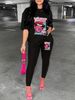 Women's Casual Loose And Fashionable Lip Print Letter Pattern Print Loose T-shirt+cropped Pants Two-piece Home Sportswear Daily Wear-249_ecoleips.com