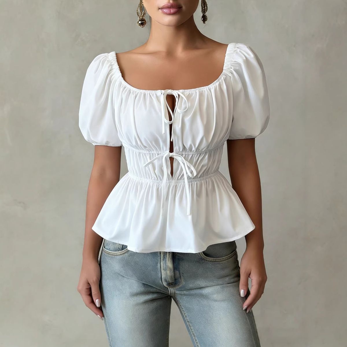 Women's Clothing French Retro Style Square Neckline Blouse Openwork Front Tie Waist Sexy Backless Top With Puff Sleeves Elegant Short Vacation Style_ecoleips.com