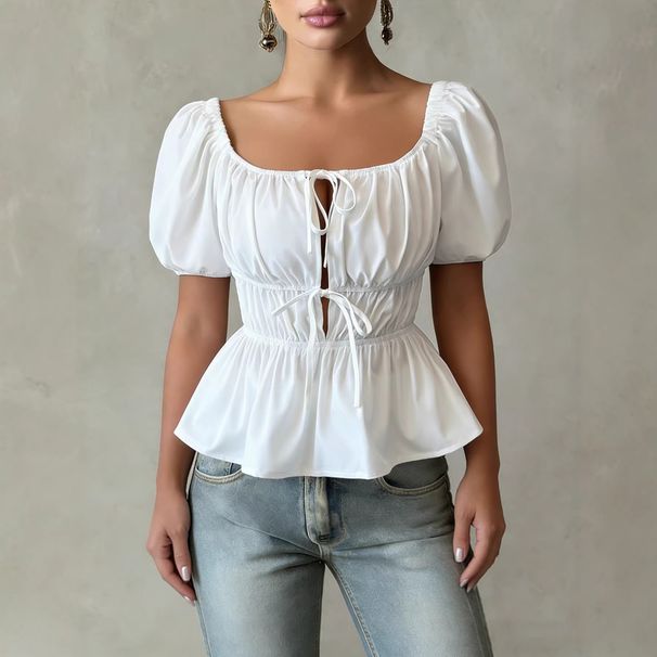 Women's Clothing French Retro Style Square Neckline Blouse Openwork Front Tie Waist Sexy Backless Top With Puff Sleeves Elegant Short Vacation Style_ecoleips.com