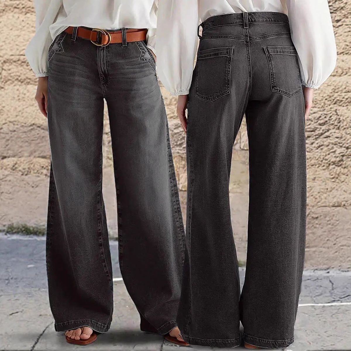 Women's Stretch mid Rise Wide Leg Jeans Casual Solid Color Straight Leg Denim for Spring/Autumn Summer Export to Europe And America_ecoleips.com