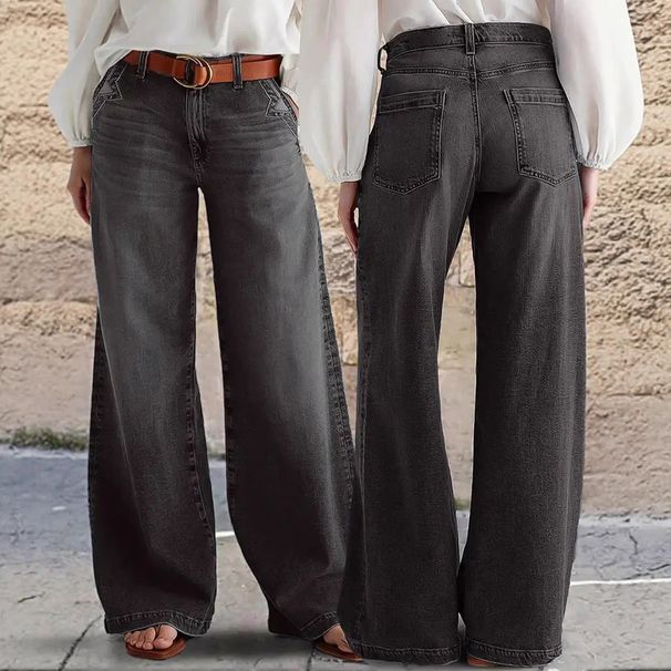 Women's Stretch mid Rise Wide Leg Jeans Casual Solid Color Straight Leg Denim for Spring/Autumn Summer Export to Europe And America_ecoleips.com
