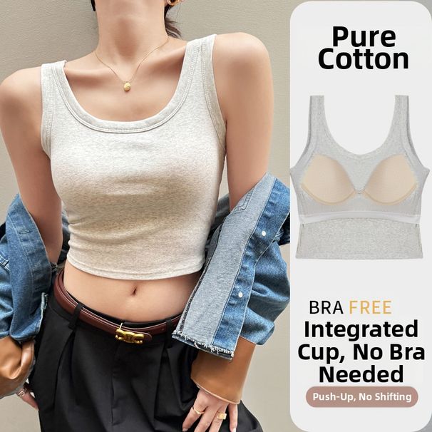 Women's Pure Cotton Camisole Short Sleeved Top with Integrated Bra Pads Sexy Summer Fashion_ecoleips.com