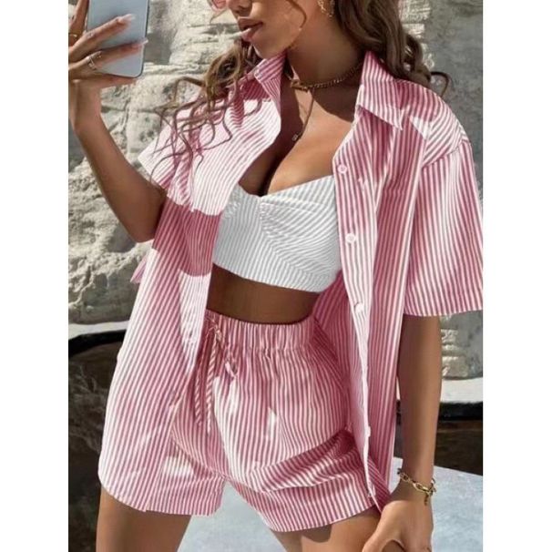 Women's Clothing Elegant Women's Two Piece Casual Striped Shirt Spring/Summer Short Sleeved Purple And Pink Style_ecoleips.com