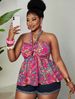 Curvy Women Vacation Print Halter Twist Tank Top, Waist Cinched Ruffle Hem Sleeveless Slimming Blouse_ecoleips.com