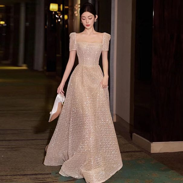 Elegant Square Neck Wedding Dress - Slim Fit Bridal Gown With Sparkling Sequins (A-Line Silhouette Lightweight Tulle For Ceremony & Evening Banquet)_ecoleips.com