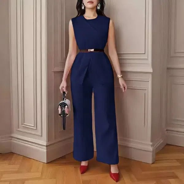 Women's Clothing Solid Color Tops Sleeveless Belt Two Piece Trousers Casual Suit_ecoleips.com
