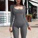 European And American Spring Summer Ribbed Square Neck Hip Lift Slim Sexy Yoga Sports Long Short Sleeve Bodysuit_ecoleips.com