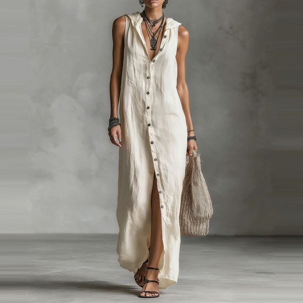 Elegant Commute Sleeveless Shirt Dress 2026 Women Fashion Hooded Solid Color Party Dress Casual Single Breasted Split Long Dress_ecoleips.com