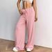 Women's Casual Elastic Waist Straight Leg Pants - Soft Cotton Blend With Stripes & Solid New Casual Striped Elastic Drawstring Cotton Straight Pants_ecoleips.com