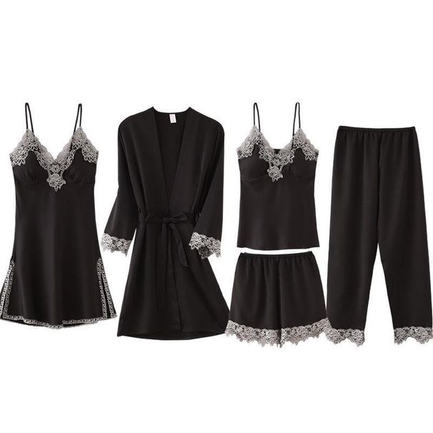 Women's Clothing pajamas five piece set Sexy lingerie Sexy pajamas Nightdress Ladies home clothes Simulation silk pajamas_ecoleips.com
