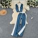 Women's Clothing In Summer Fashionable Contrast Color Lapel Sleeveless Denim Vest High Waist Wide Leg Straight Pants_ecoleips.com