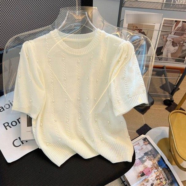 Women's Vintage round Neck Short Sleeve Knit Top Beaded Blouse Soft Colors Beige Blue Pink Black White Yellow Green Elegant_ecoleips.com